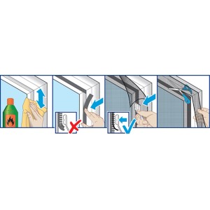 Guida all'installazione per Tesa Pollenschutzgitter Antracite: pulire, applicare il nastro, fissare la rete, tagliare.