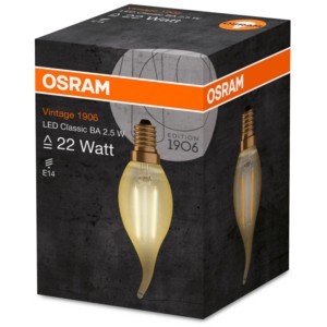 Lampadina LED Osram E14 a forma di candela, 2.5W, bianco caldo, nella scatola.