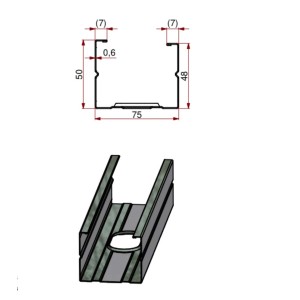 Disegno tecnico e vista 3D di un profilo per pannelli in cartongesso.