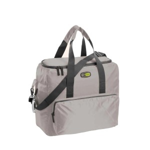 Borsa da viaggio/campeggio grigia con manici e tracolla.