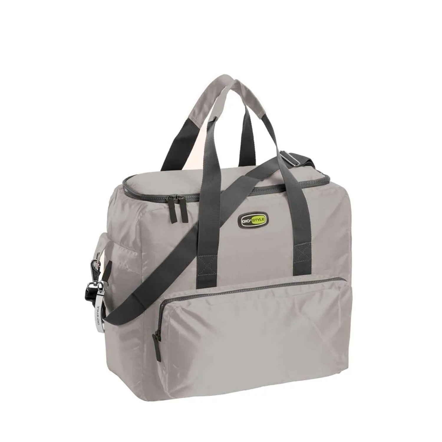 Borsa da viaggio/campeggio grigia con manici e tracolla.