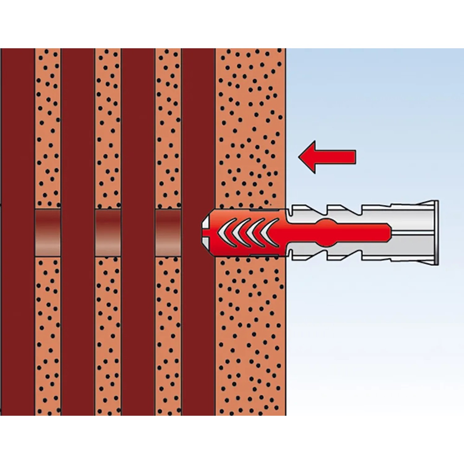 Illustrazione: Tassello Fischer Duopower 6x50 in muratura con freccia rossa.