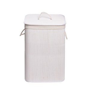 Cesto portabiancheria rettangolare in bambù bianco con coperchio e maniglie.
