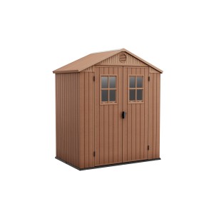 Casetta da giardino in plastica marrone con doppia porta e finestre.