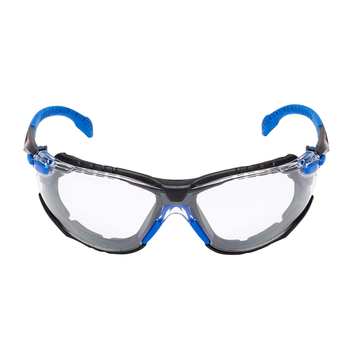 Occhiali di protezione t.b.t. con lenti chiare e aste blu.