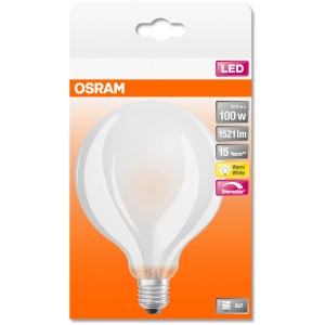 Lampadina LED Osram E27 a globo, 13,8W, bianco caldo, 1521lm, 14x9,5cm. Lampada LED dimmerabile a forma di globo.