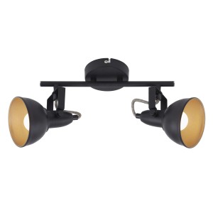 Faretto LED t.b.t. nero con due luci e interno color oro.