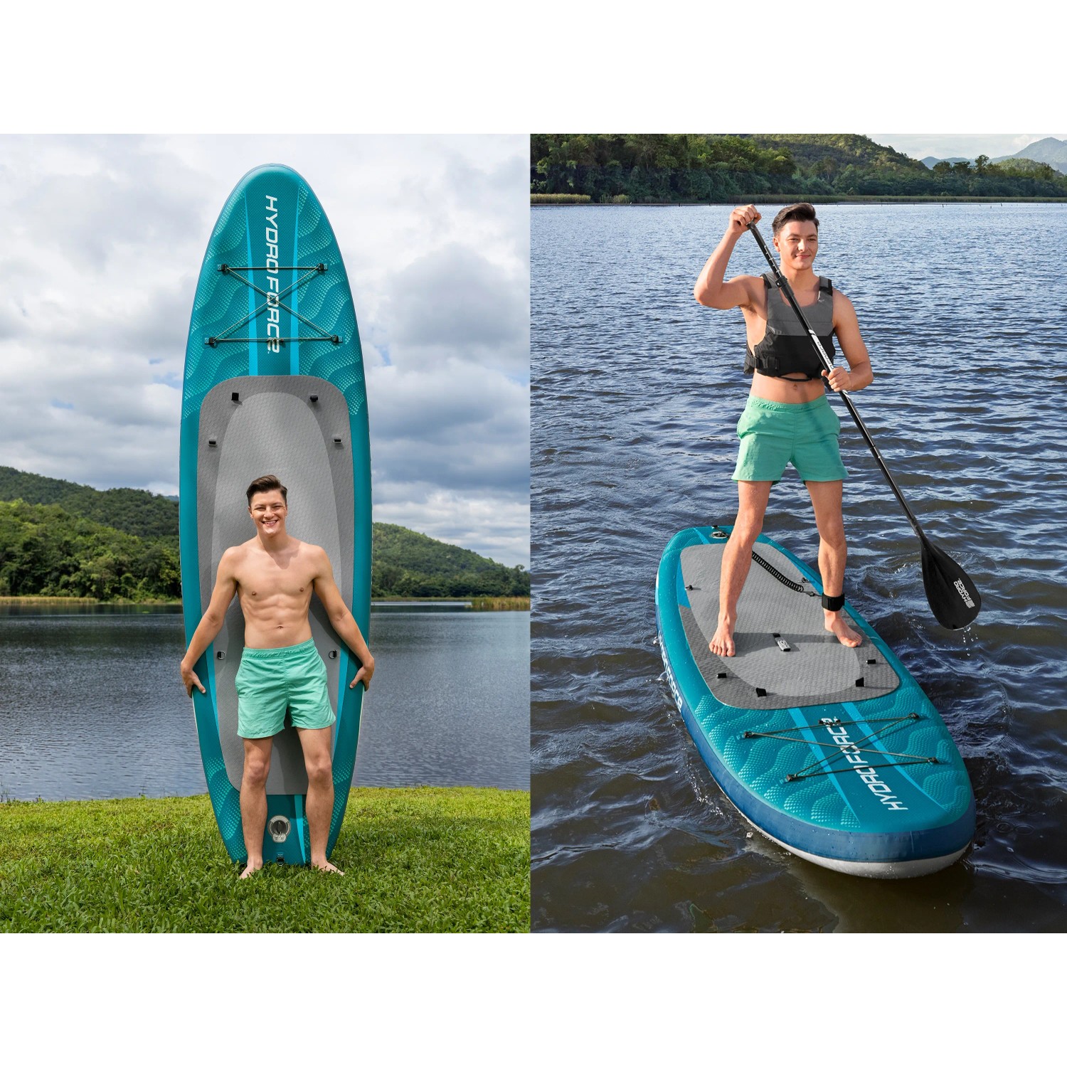 Bestway SUP Board-Set Aqua Drifter con sedile, 335cm, con canoista a terra e in acqua.
