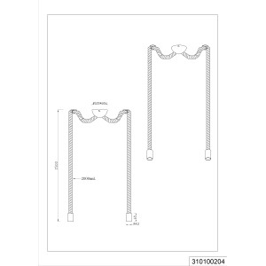 Schizzo della lampada da soffitto Trio Rope a 2 luci in ottone anticato vintage E27 con dimensioni.