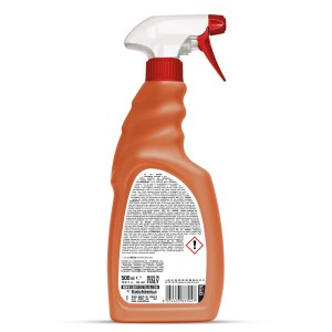 Flacone spray detergente arancione per diverse superfici.