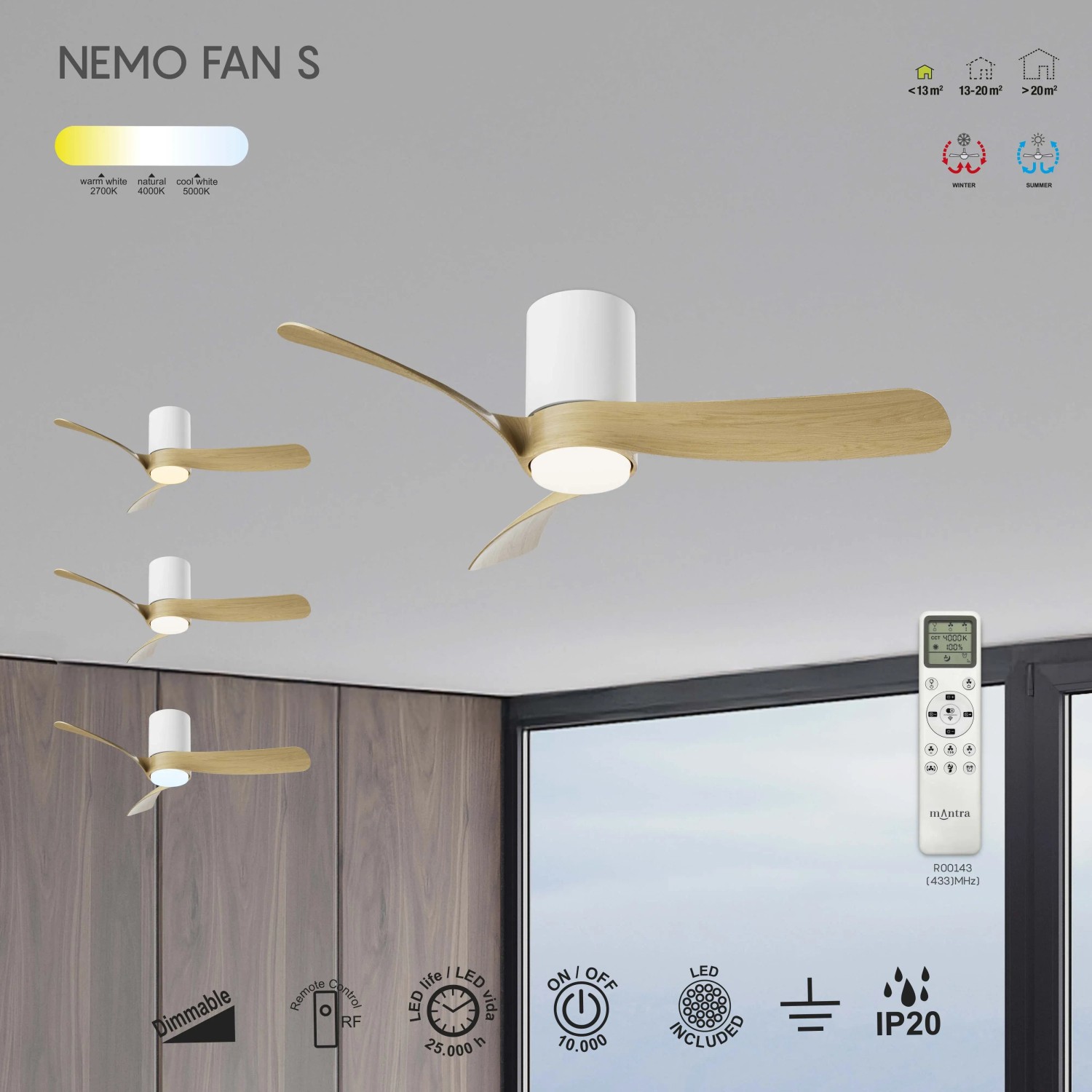 Ventilatore da soffitto con luce LED 24W Ø 97x25 cm bianco legno_5