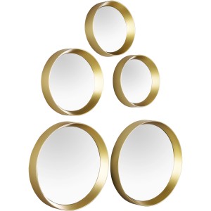 Set di specchi decorativi Lia, 5 specchi rotondi con cornice nero-oro in diverse dimensioni.