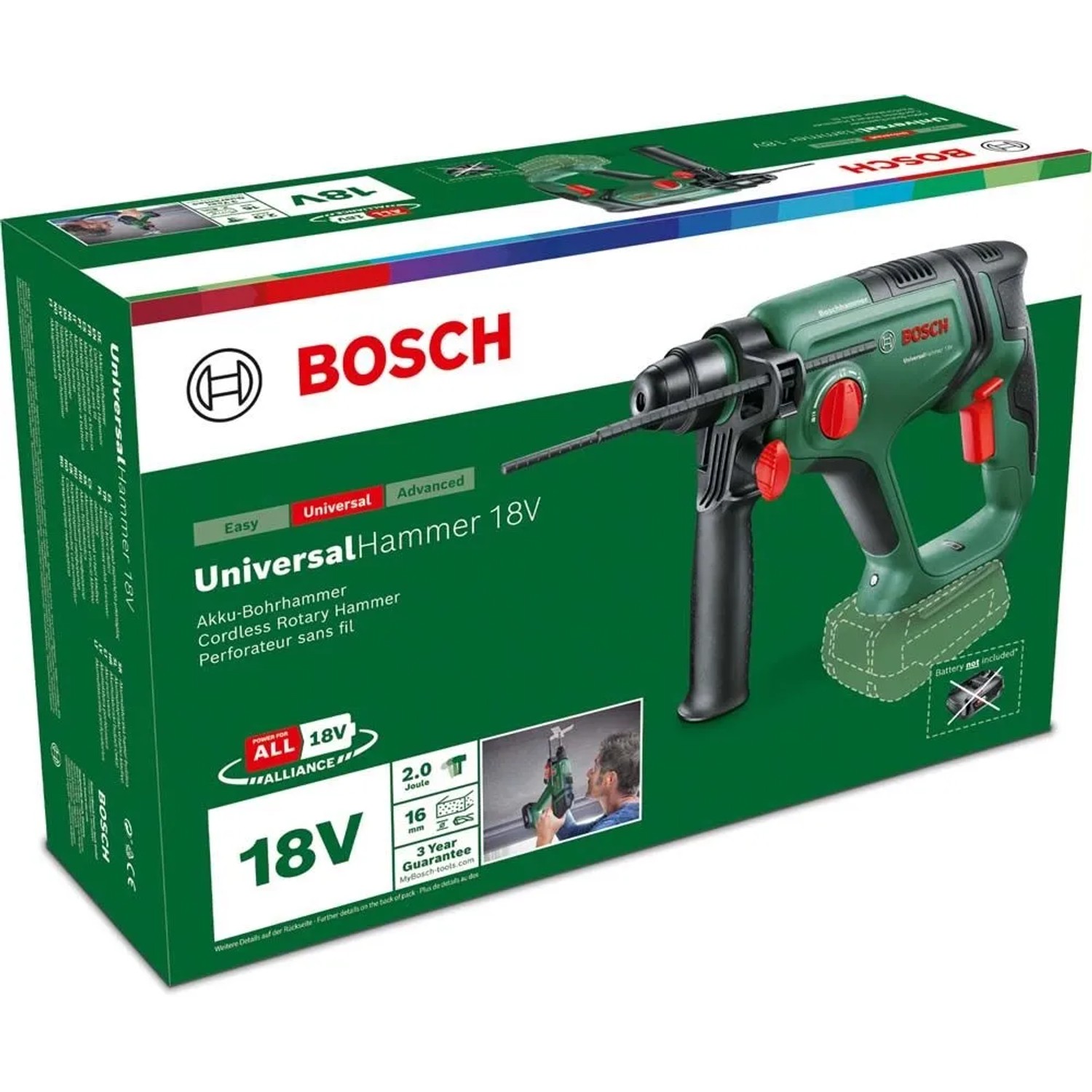 Martello demolitore a batteria Bosch UniversalHammer 18V su confezione. Utensile verde 18V, 2.0 J, per calcestruzzo. Batteria esclusa.