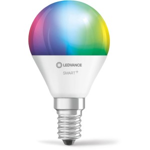 Lampadina LED Ledvance Smart+ a goccia, E14, cambio colore RGBW per illuminazione smart.