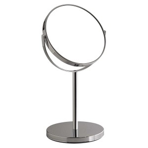 Specchio da trucco rotondo cromato con base da tavolo.