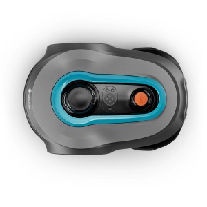 Robot tagliaerba grigio con dettagli turchesi, vista dall'alto.