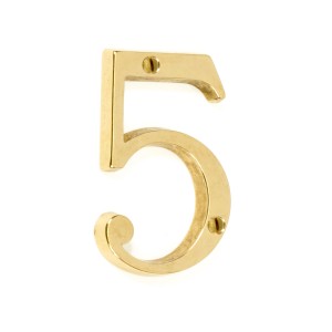 Numero civico 5 dorato per il montaggio a parete.
