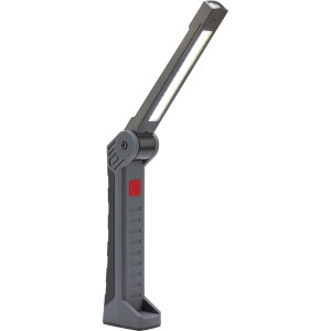Lampada da lavoro a LED pieghevole e ricaricabile in nero-grigio con 300 lumen per officina e cantiere.