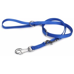 Guinzaglio blu per cani con moschettone e passante per la mano.