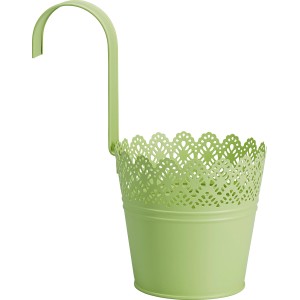 Portavaso sospeso in metallo laccato verde chiaro con motivo traforato per balcone o terrazza.