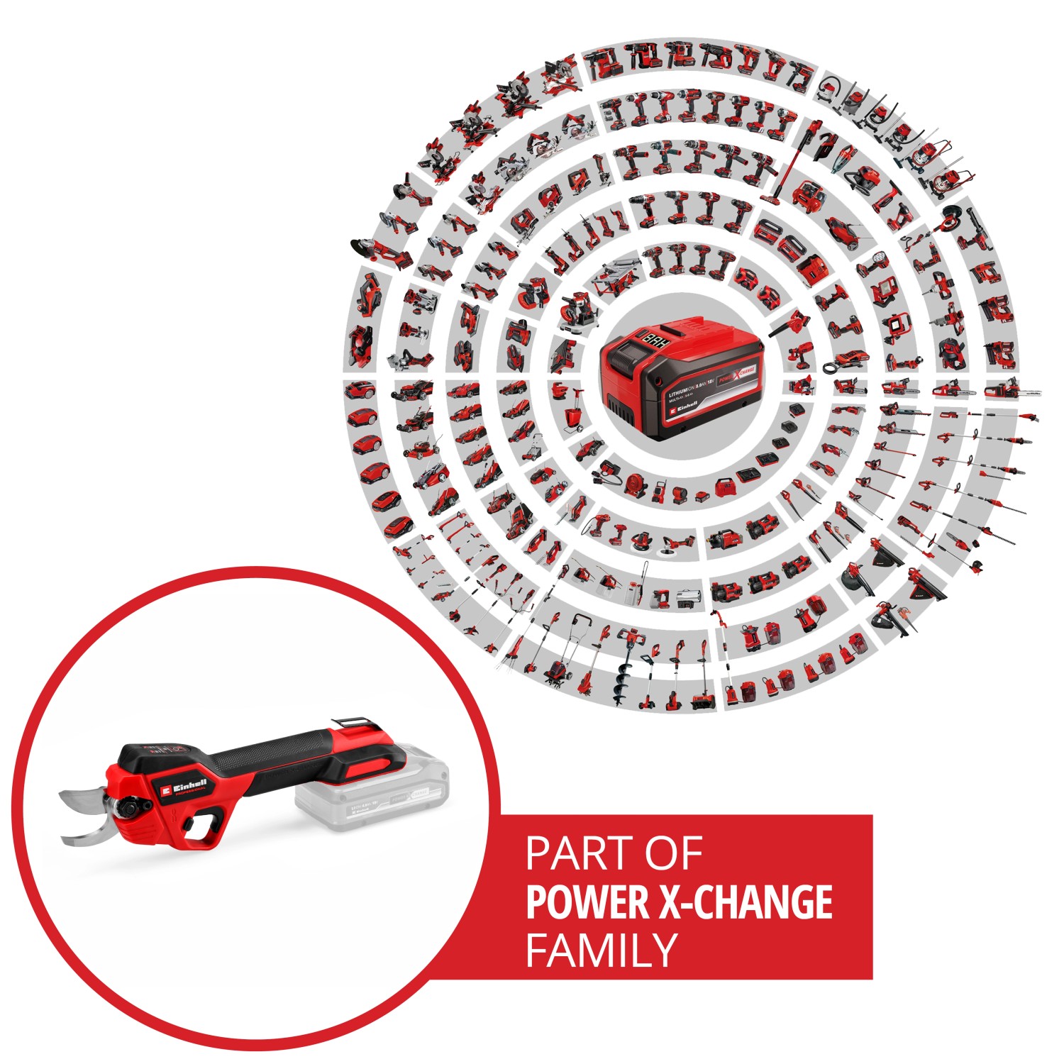 Forbice per rami a batteria Einhell GP-LS 18/28 Li BL-Solo con batteria, parte della famiglia Power X-Change.