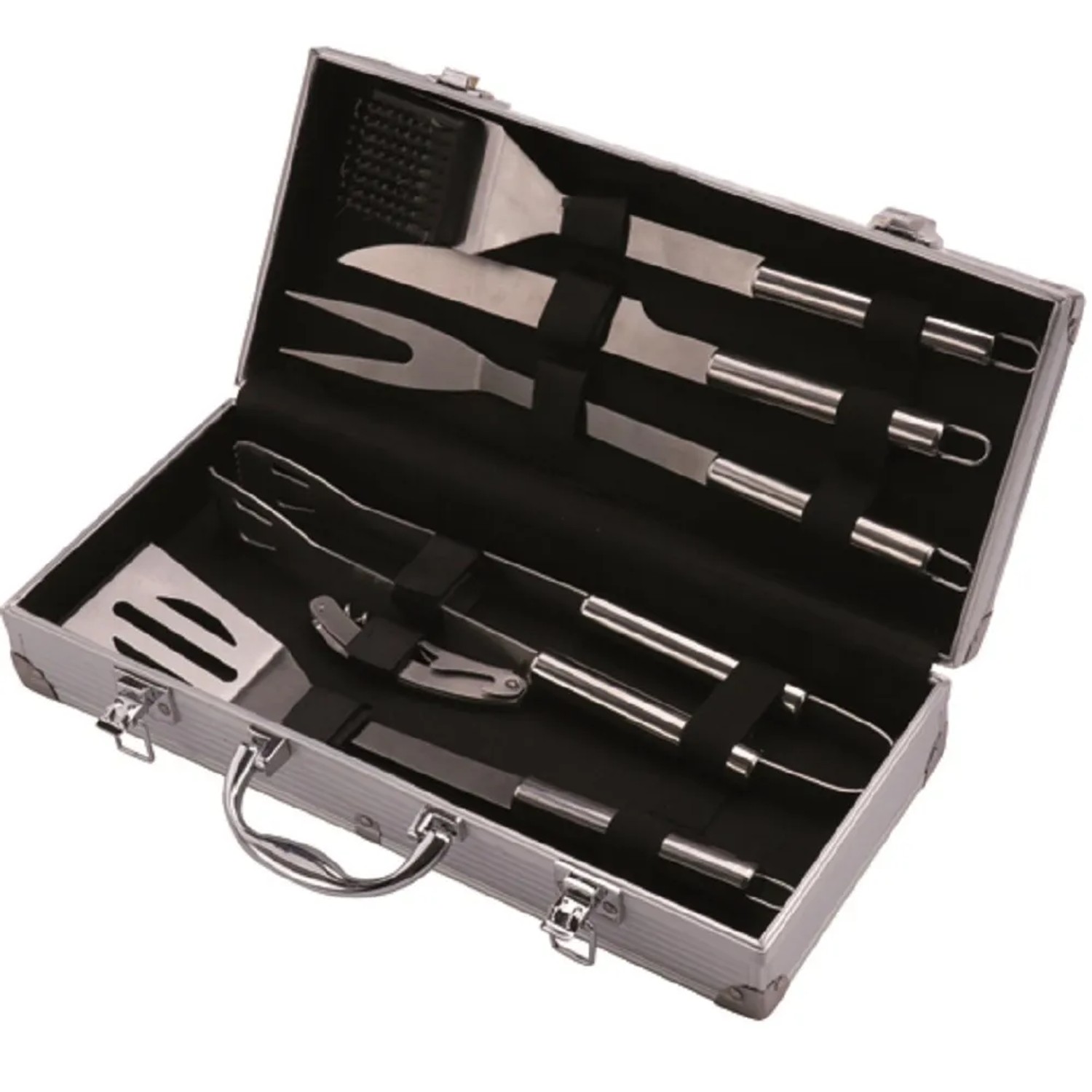 Set accessori barbecue t.b.t. in valigetta di alluminio: pinze, spatola, coltello, forchetta, ecc.