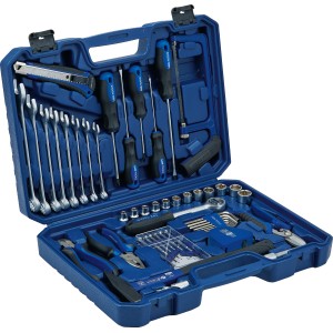 Valigetta attrezzi LUX Classic blu aperta, 54 pezzi con utensili come chiavi, martello e pinze.