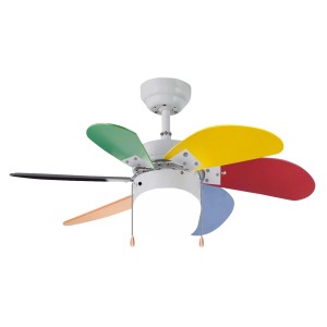 Ventilatore da soffitto colorato con sei pale in verde, giallo, rosso, blu, nero e arancione.