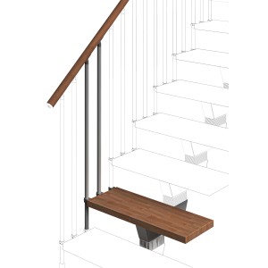 Dettaglio di una ringhiera per scale con corrimano e gradino in legno. Accessori per scale e ringhiere.