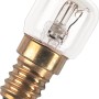 Piccola lampadina speciale t.b.t. trasparente con attacco E14 per applicazioni specifiche.