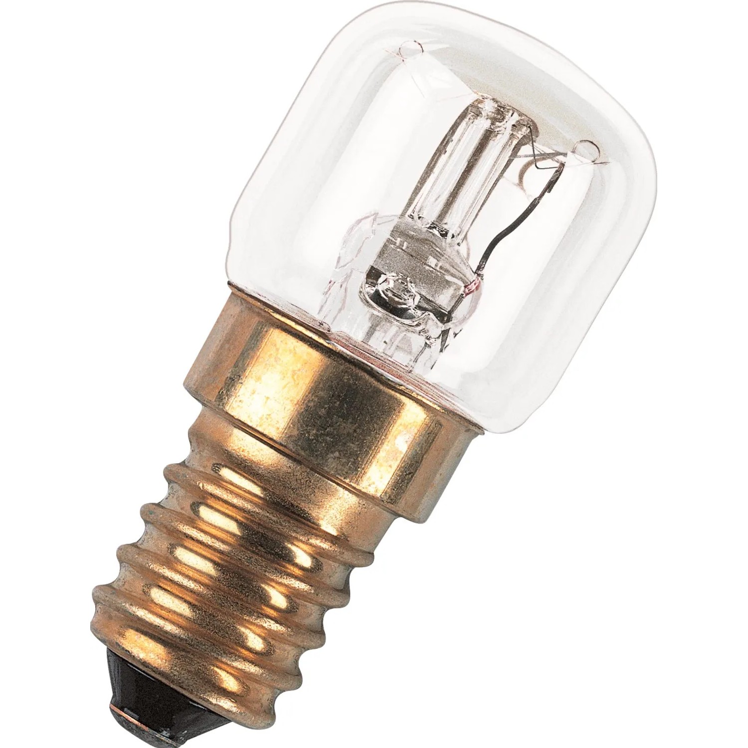 Piccola lampadina speciale t.b.t. trasparente con attacco E14 per applicazioni specifiche.