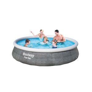 Piscina Bestway Fast Set con famiglia in acqua. Piscina fuori terra con design rattan grigio.