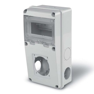 Quadro di distribuzione Quadri CEE bianco vuoto con coperchio trasparente.