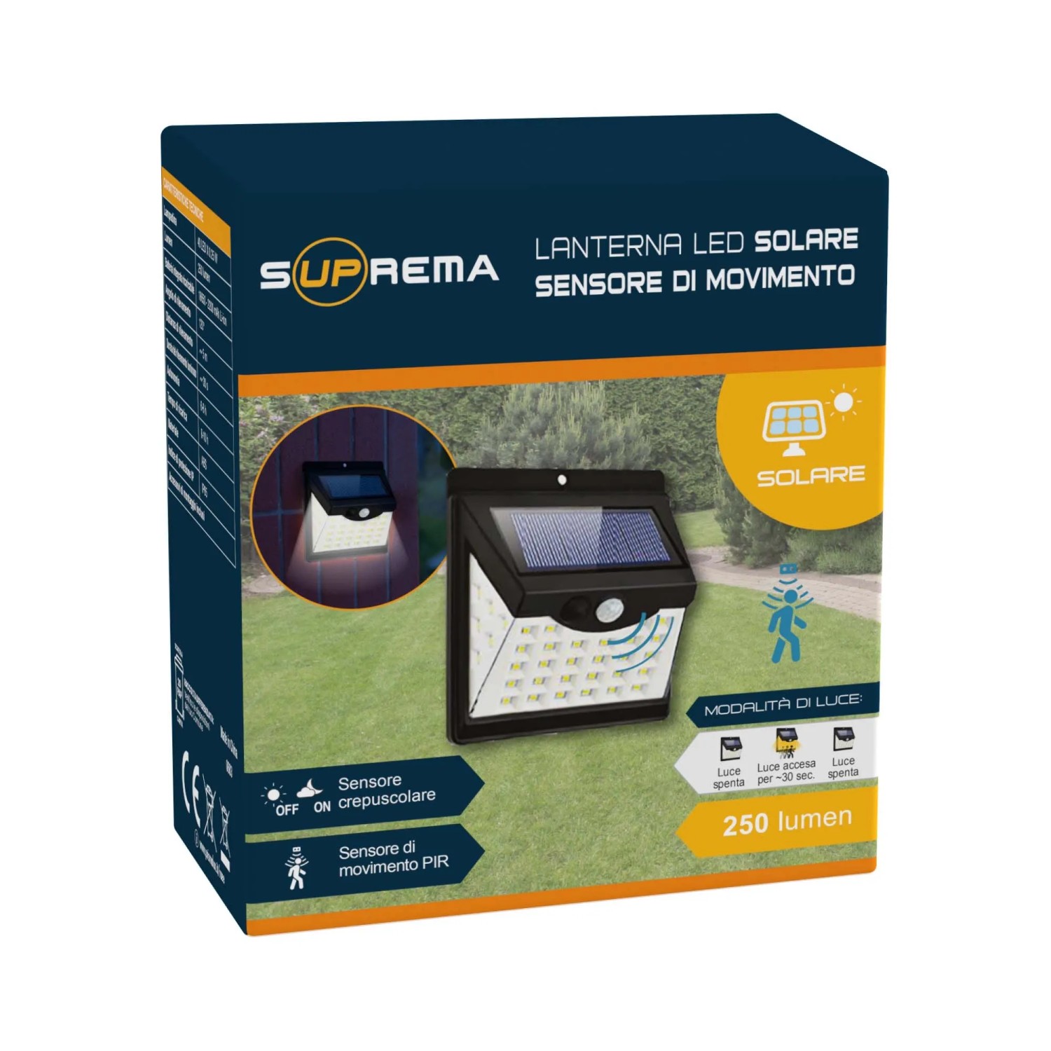 Confezione di una luce segnapasso a LED solare t.b.t. con sensore di movimento, 250 lumen.