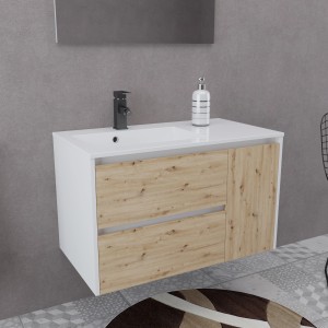 Mobile bagno t.b.t. con decoro legno e lavabo bianco.