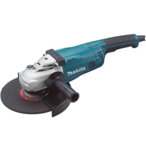 Smerigliatrice angolare Makita, blu/argento, con disco abrasivo e protezione.