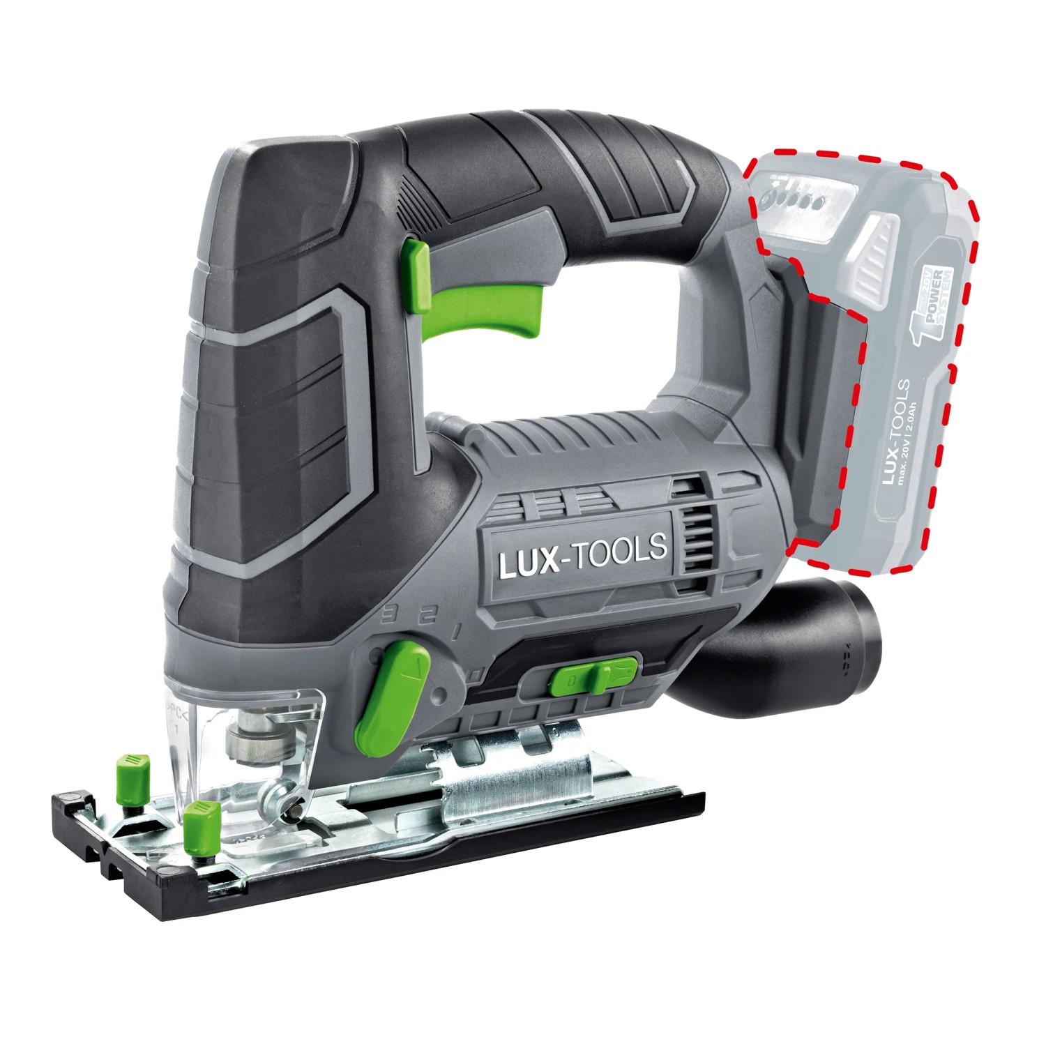 Seghetto alternativo a batteria LUX A-ST-20 del set di macchine 3in1, grigio/nero con batteria. Seghetto alternativo per tagli precisi.
