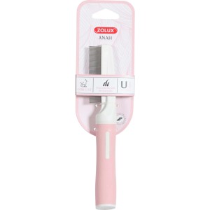 Spazzola per gatti rosa con denti in metallo per la cura del pelo.