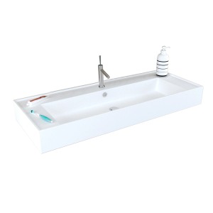 Lavabo singolo t.b.t. bianco con rubinetto, dispenser sapone, spazzolino e dentifricio.