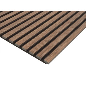 Primo piano di un pannello fonoassorbente t.b.t. marrone con texture legno.