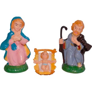 Set di figure del presepe: Maria, Giuseppe e Gesù bambino per decorazioni natalizie.