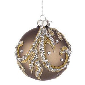 Palla di Natale marrone con decorazioni in oro e pietre preziose, ornamento festivo per l'albero.