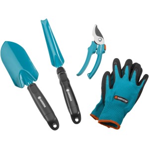 Set attrezzi da giardino: paletta, trapiantatore, cesoie e guanti da giardinaggio.