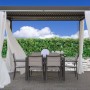 t.b.t. con tende come protezione solare sopra un'area salotto in giardino.