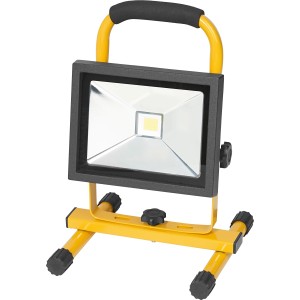 Faretto da lavoro a LED portatile da 20 W con batteria, telaio giallo e testa della lampada nera.