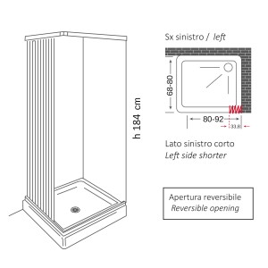 Disegno tecnico di un box doccia t.b.t. con dimensioni e dettagli di montaggio.