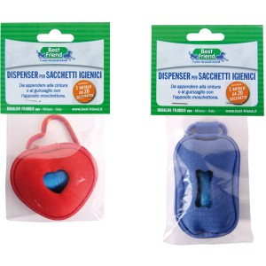Distributori di sacchetti igienici per cani a forma di cuore e osso, vari colori.