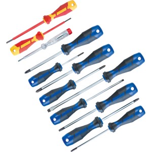 Set cacciaviti LUX Comfort, 12 pezzi con taglio, Phillips, Torx e tester di tensione.