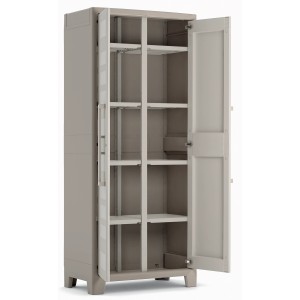 Armadio in plastica KIS Gulliver, beige sabbia, con 8 ripiani, aperto, per ampio spazio.