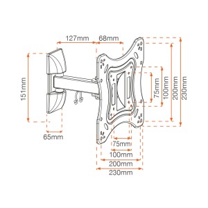 Disegno tecnico di una staffa a muro per TV con dimensioni per accessori video.